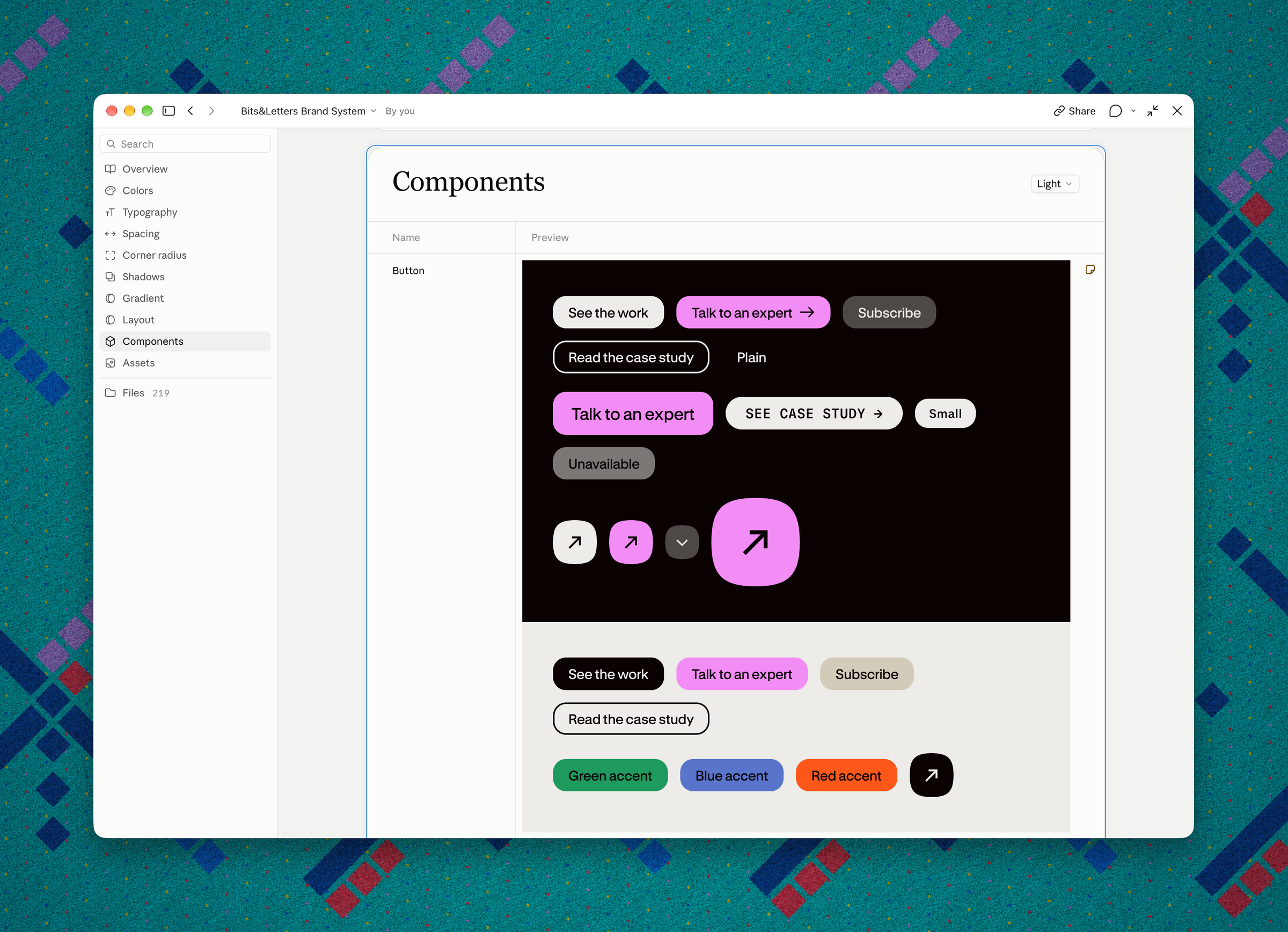 The Components page of the Bits&Letters Brand System in Claude Design, showing the site's buttons on dark and light grounds