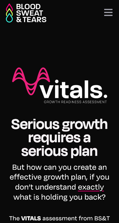 Blood Sweat & Tears VITALS page shown on mobile