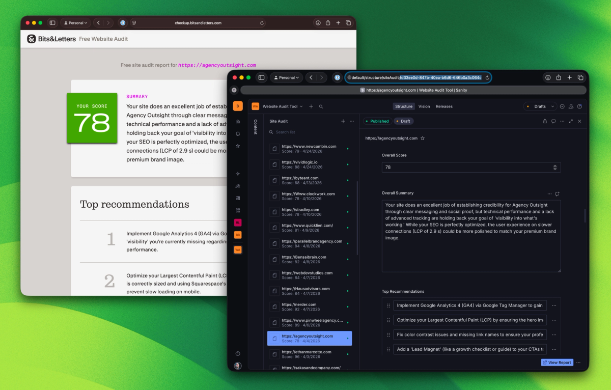 Two Safari browser windows. On top, showing Sanity Studio interface with a record from a website checkup tool. Behind it, the public view of the checkup tool.