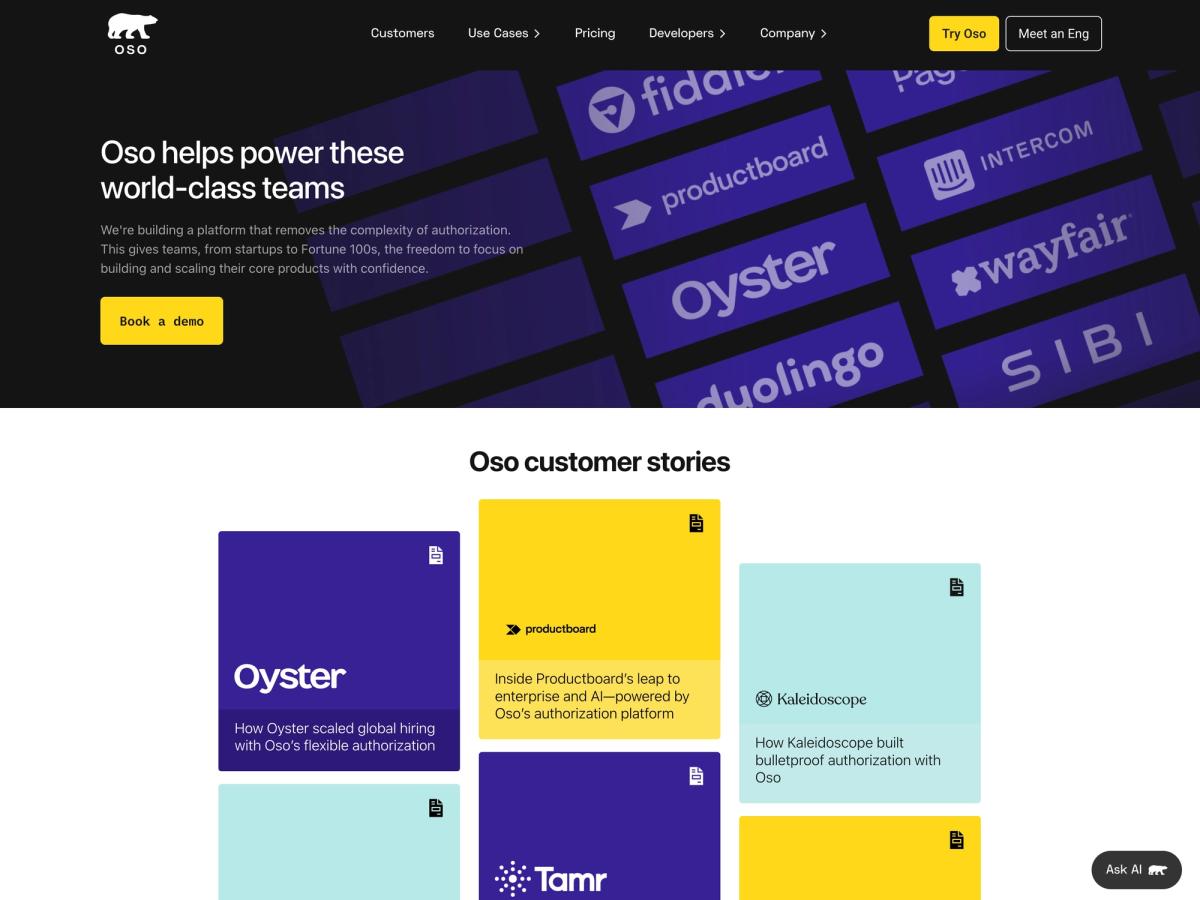 Oso Customers page on desktop