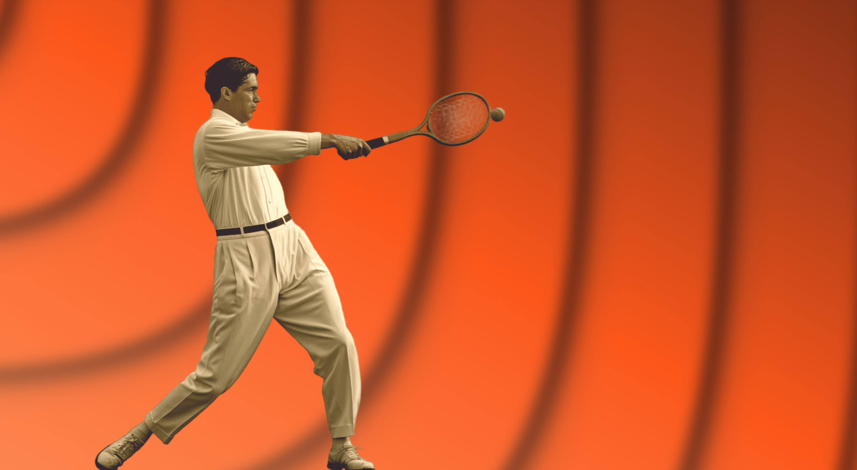 Sepia-toned photo of a tennis player on an orange patterned background