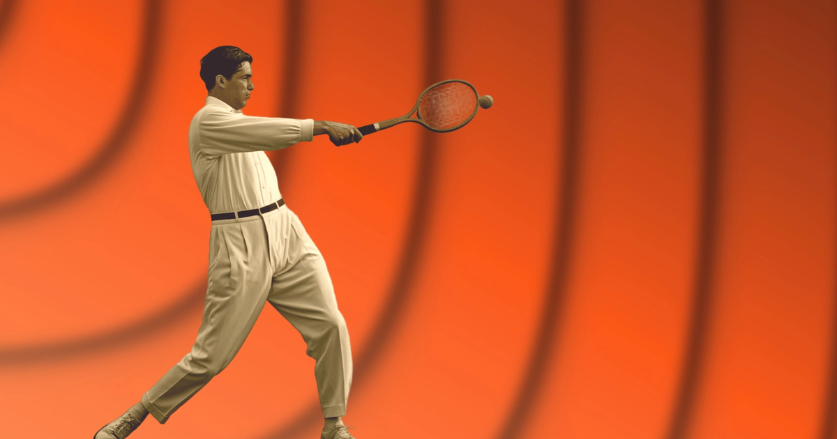 Sepia-toned photo of a tennis player on an orange patterned background