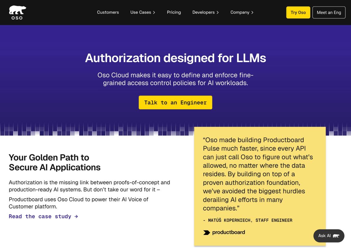 Oso LLM authorization page on desktop
