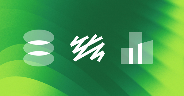 Icons representing a database, the Sanity logo, and an office building, on an abstract green background