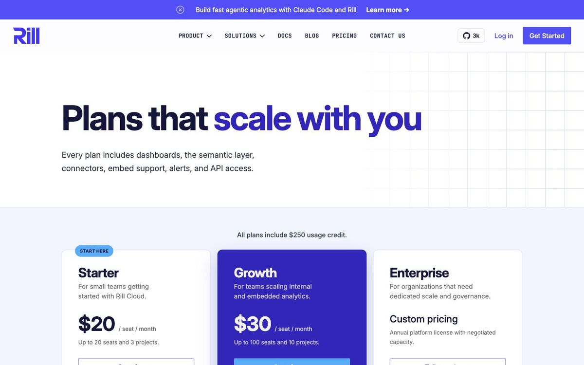 Rill Data pricing page