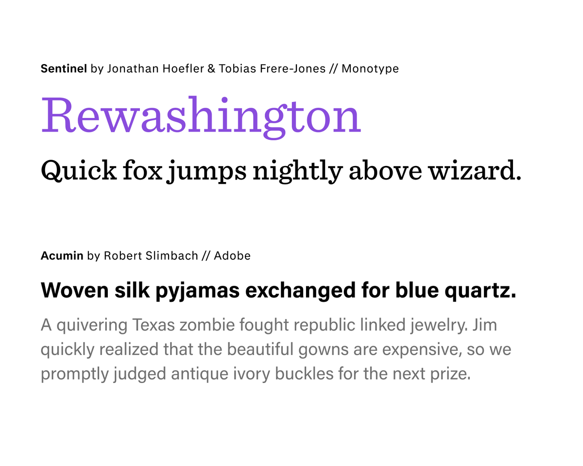 Font specimen for Copytree website: Sentinel by Jonathan Hoefler and Tobias Frere-Jones, from Monotype; Acumin by Robert Slimbach; from Adobe