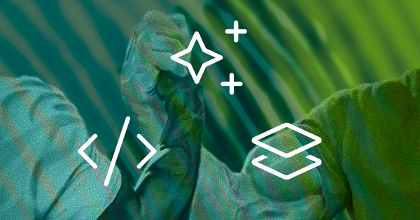 Muscled arms shaking hands epically, overlaid with icons representing code, design, and AI