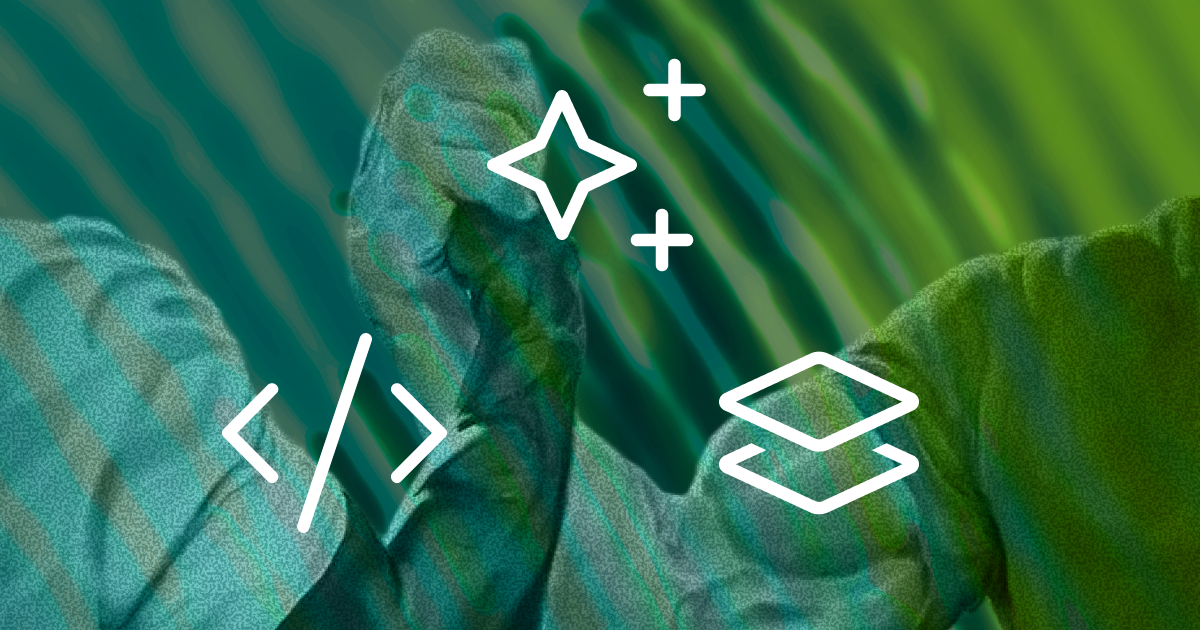 Muscled arms shaking hands epically, overlaid with icons representing code, design, and AI
