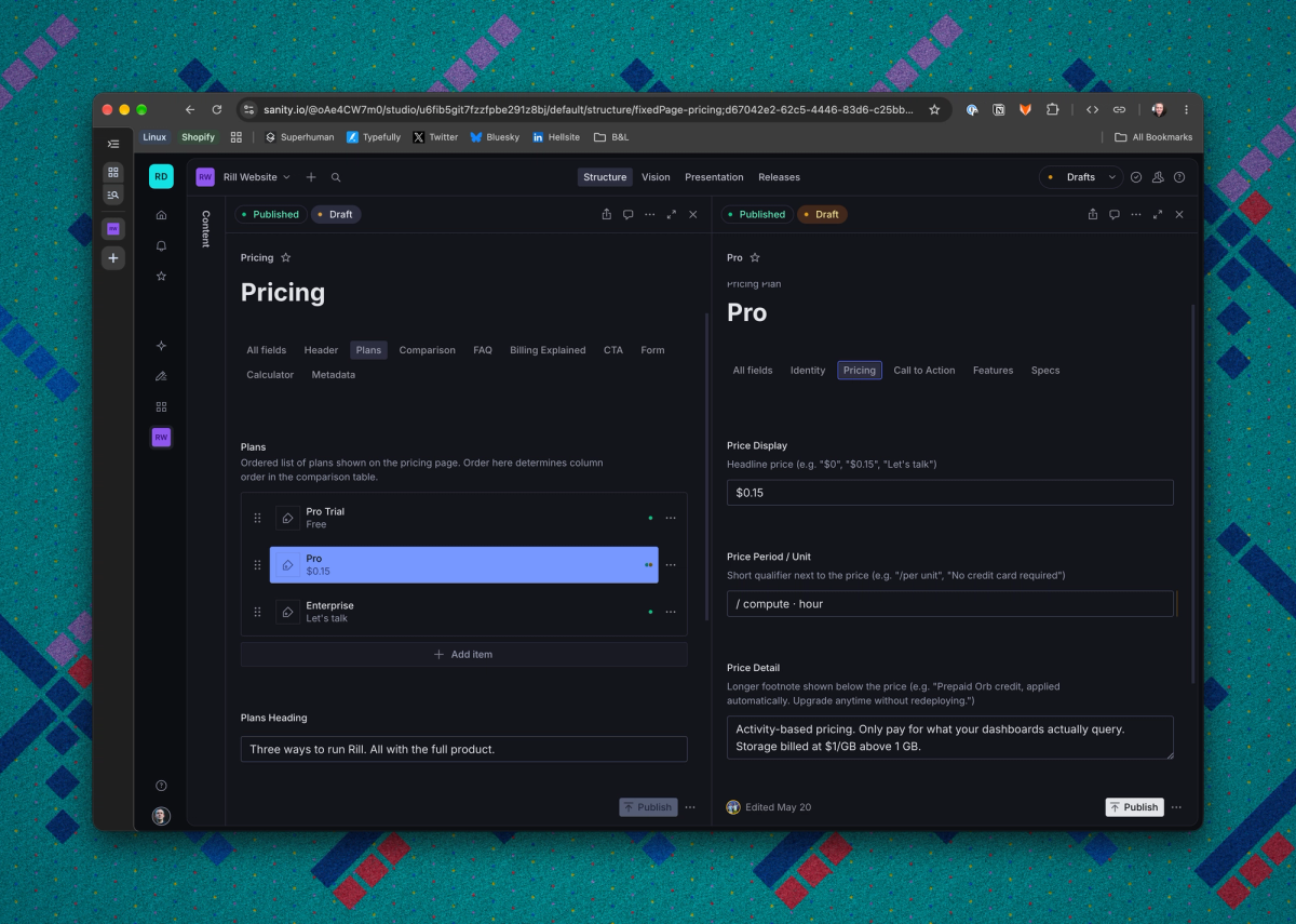 Sanity Studio for the Rill website, with the Pricing page’s plan list and the Pro plan’s structured price fields open side by side.