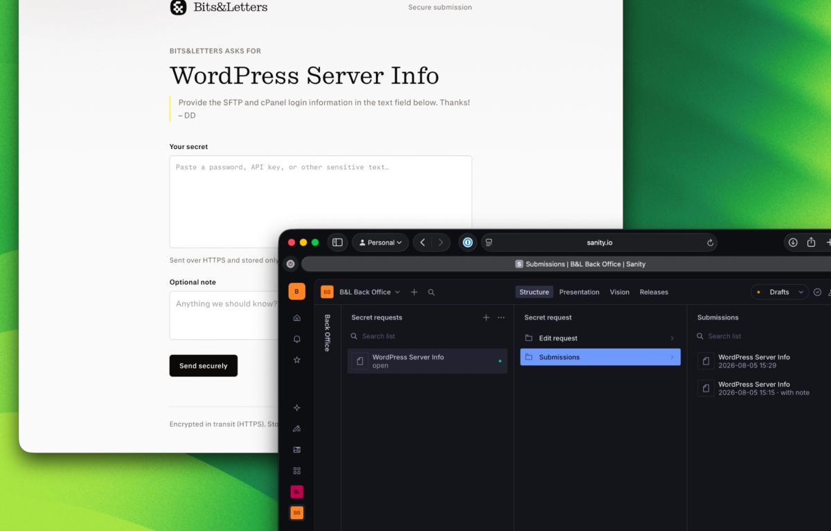 Two Safari browser windows, one showing a secrets request, the other the backend admin in Sanity Studio