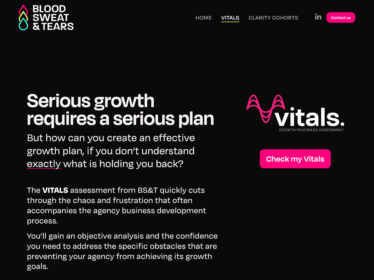 Blood Sweat & Tears VITALS page shown on desktop
