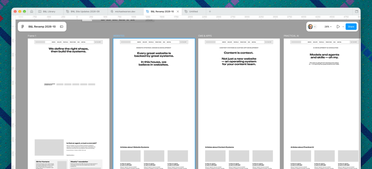 Figma wireframes of the v5.0 homepage and the Websites, CMS & Apps and Practical AI pages