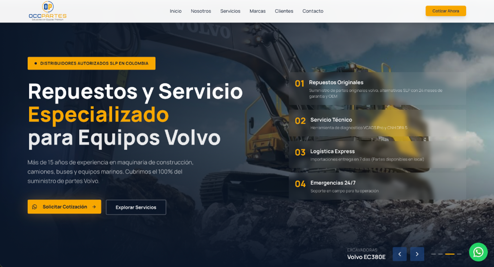 OCC Partes: Catálogo de repuestos para maquinaria amarilla Volvo con fichas técnicas indexables por número de parte.