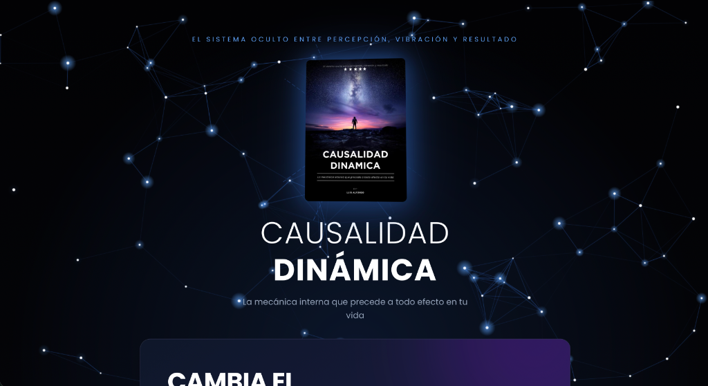Causalidad Dinámica: Immersive landing for a book and its author, with narrative navigation.