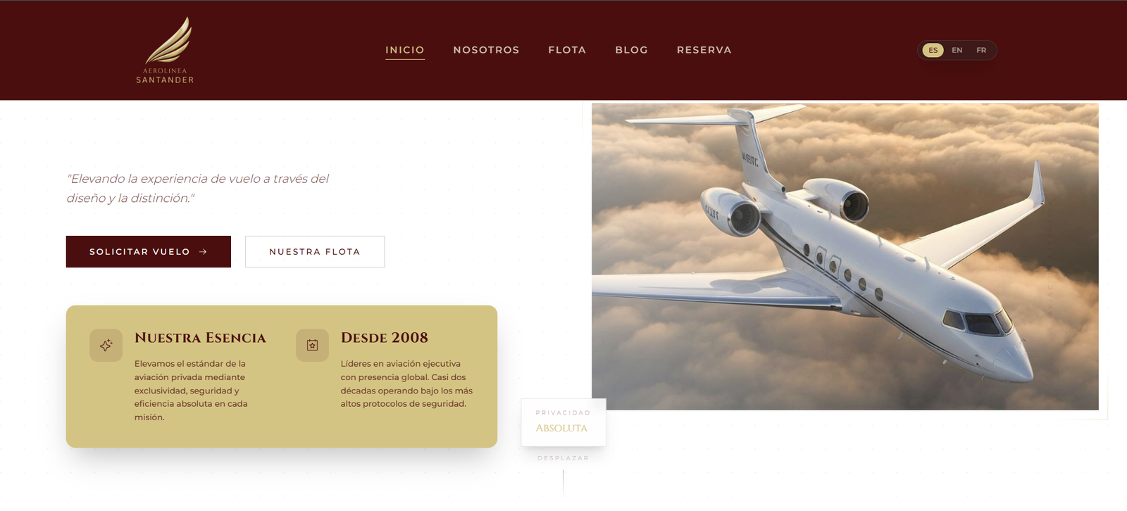 Aerolínea Santander: Immersive one-page landing that condenses the airline's key information.