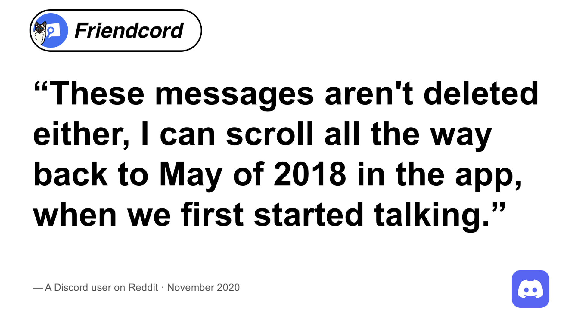A Reddit user's quote about messages missing from an export but still visible in Discord, with Friendcord and Discord logos and November 2020 attribution.