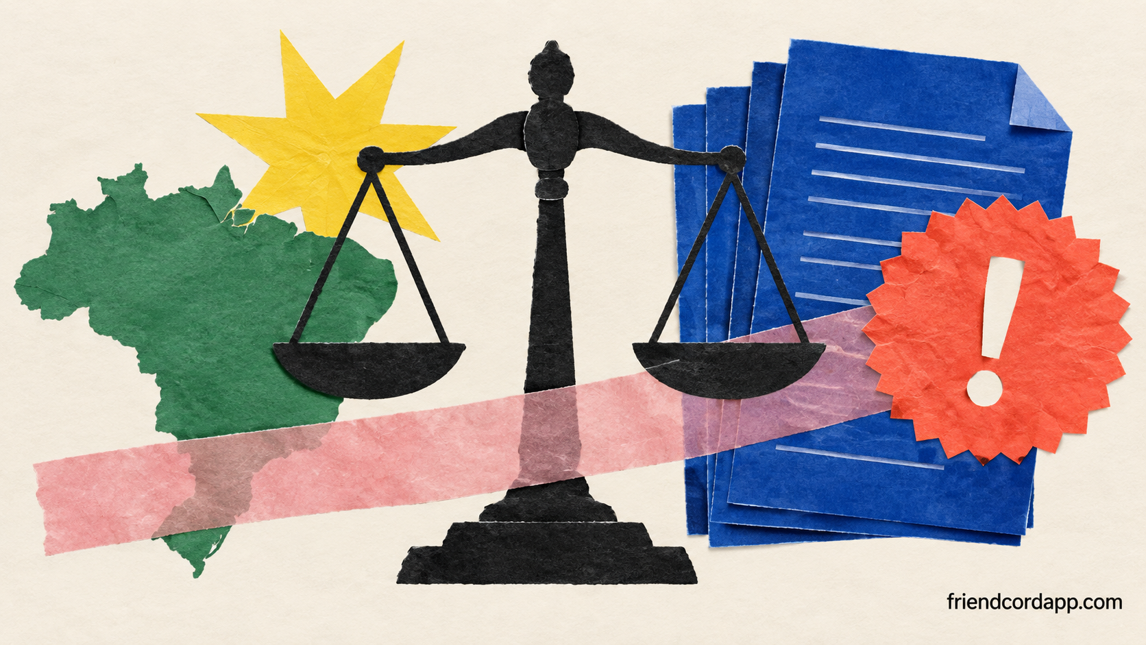 Paper balance scale, document stack, Brazil silhouette, and alert