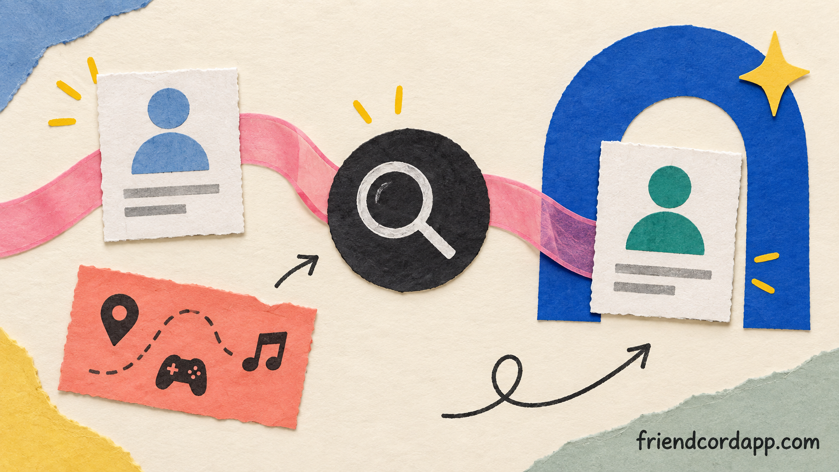 Paper profile cards connected by ribbon with a search symbol