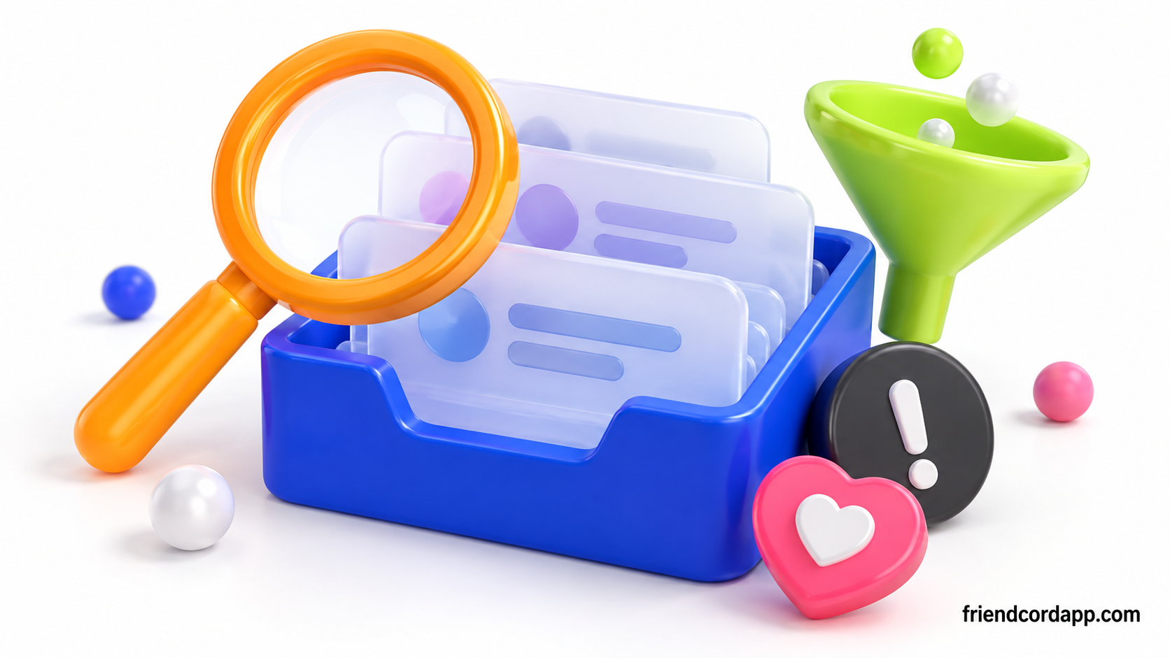 Inbox, message cards, magnifying glass, and filter objects