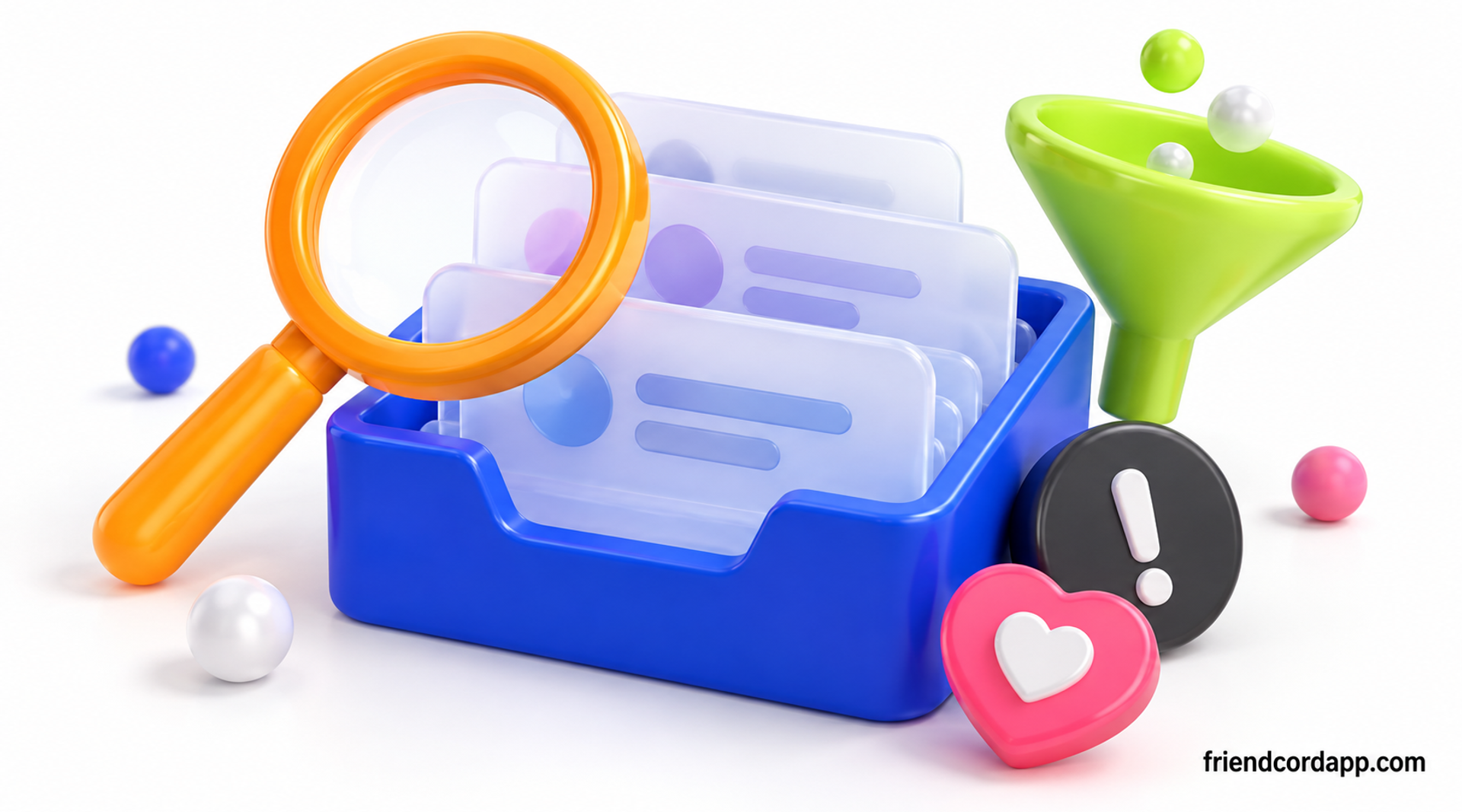 Inbox, message cards, magnifying glass, and filter objects