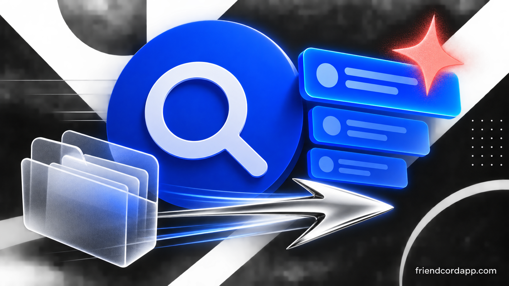Blue search disc, ranked cards, archive folder, and speed arrow