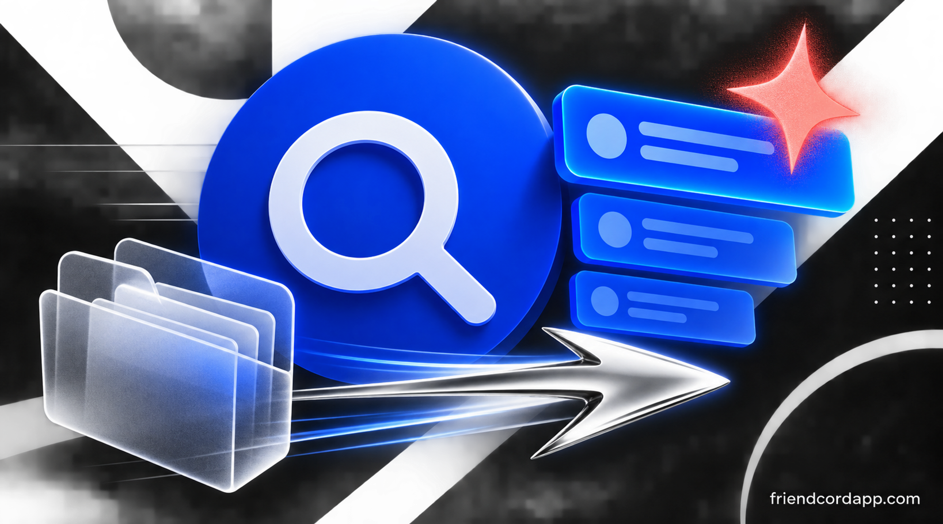 Blue search disc, ranked cards, archive folder, and speed arrow