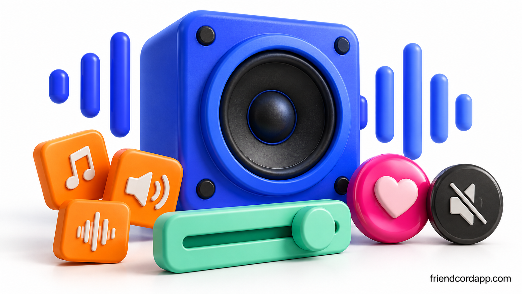 Stylized speaker, volume control, sound tiles, and mute token