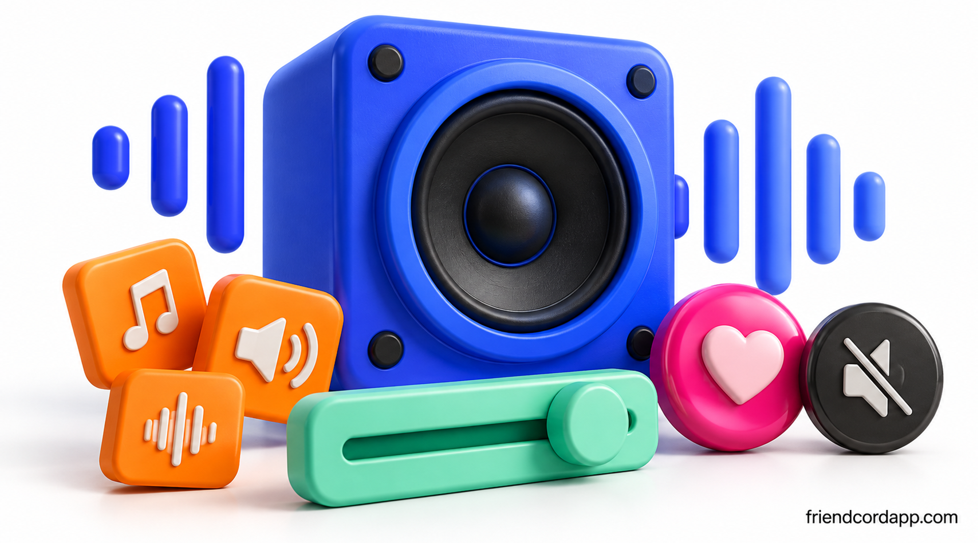Stylized speaker, volume control, sound tiles, and mute token