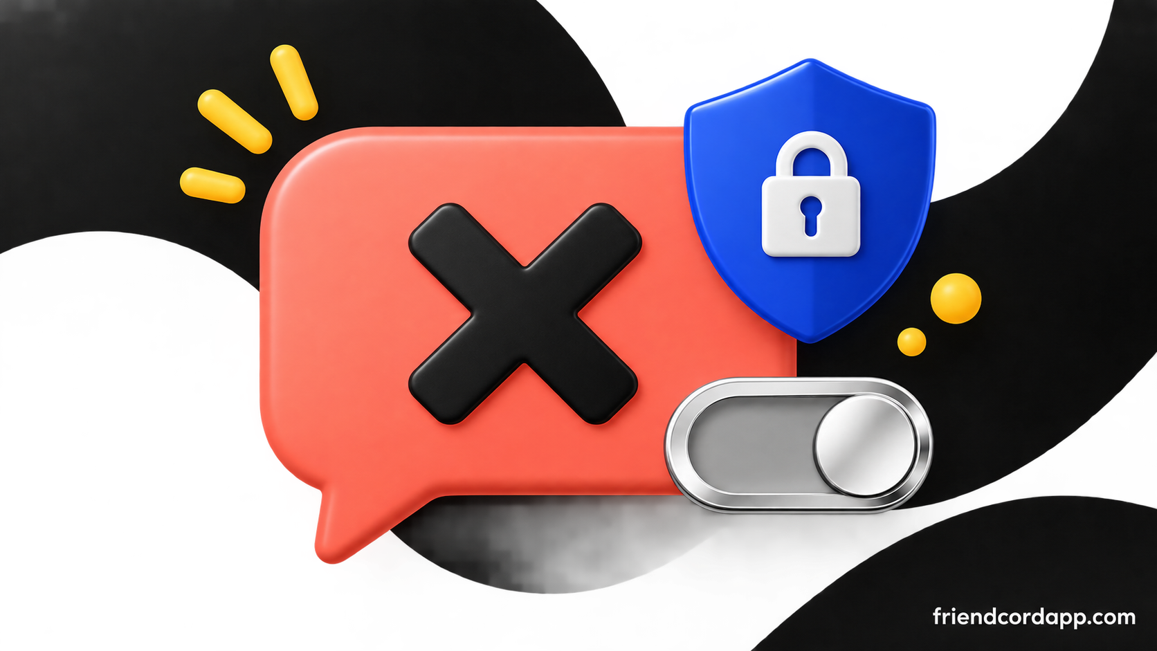 Coral message bubble with stop mark, privacy shield, and toggle