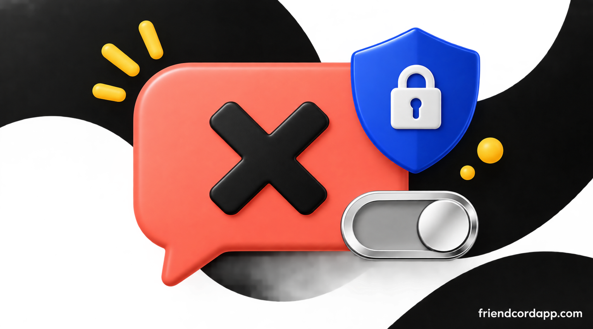 Coral message bubble with stop mark, privacy shield, and toggle