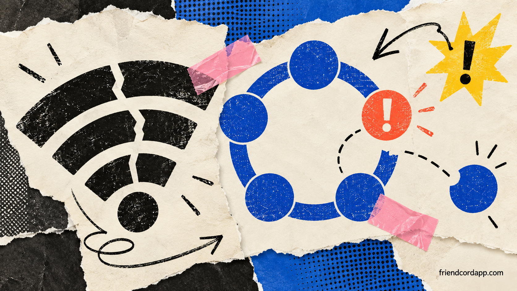 Broken signal glyph and segmented network ring in paper collage