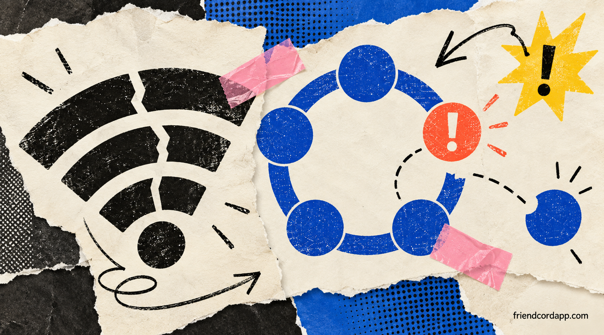 Broken signal glyph and segmented network ring in paper collage
