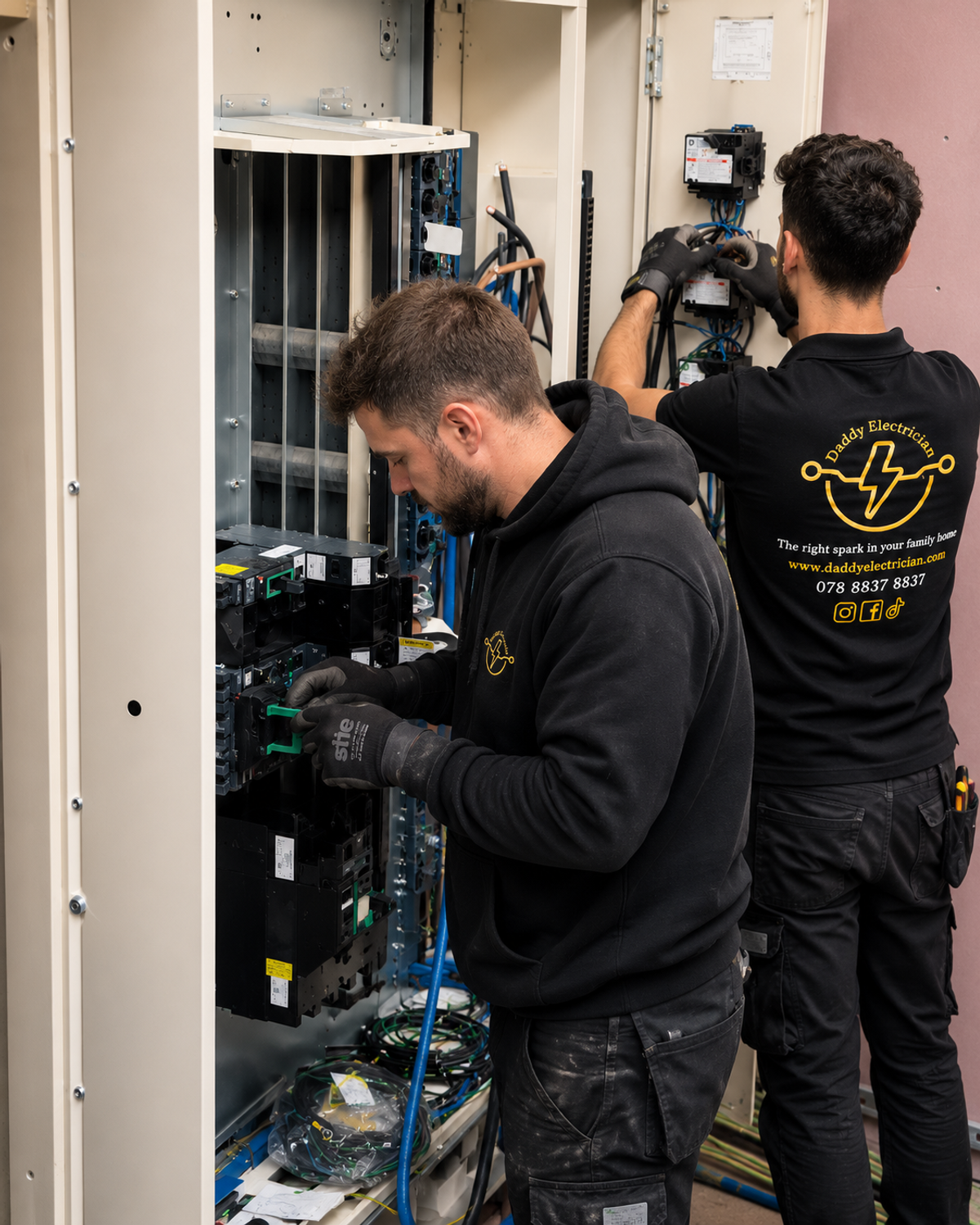 Professional qualified electrician carrying out electrical work in London
