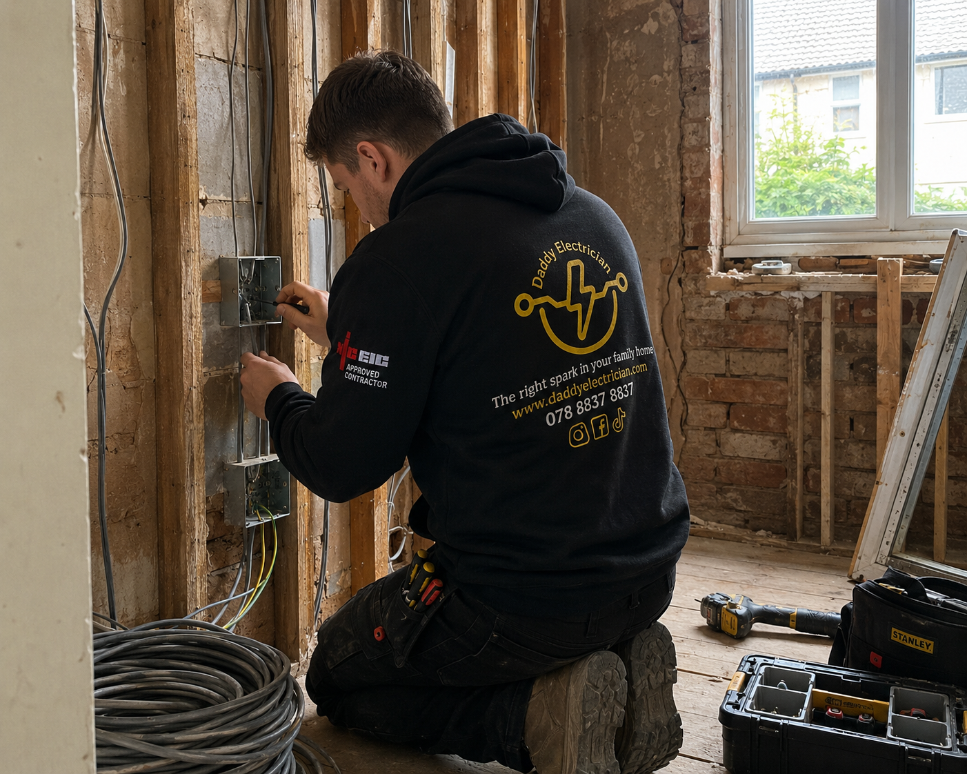 Professional qualified electrician carrying out electrical work in London