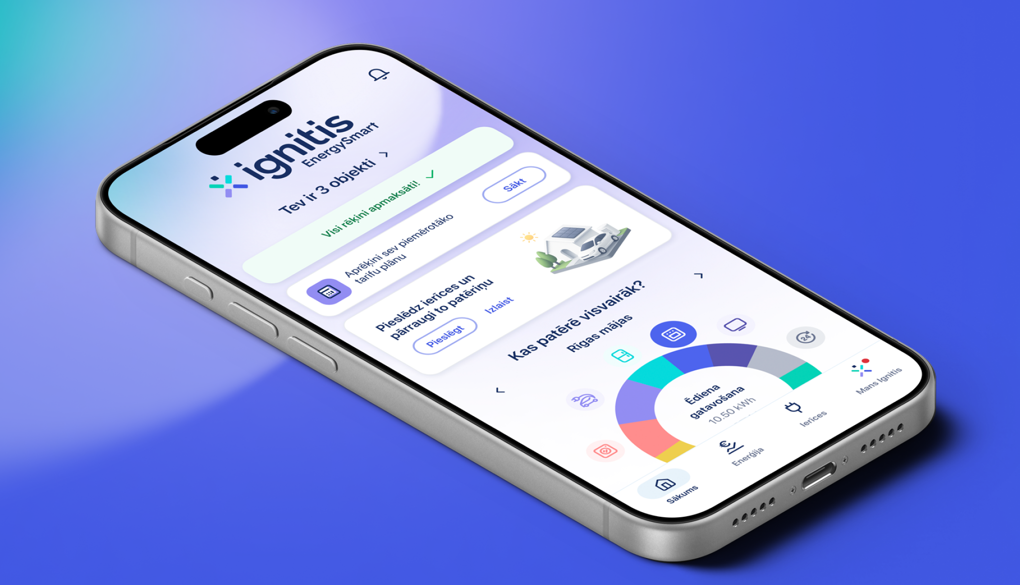 Ignitis mobilās aplikācijas ekrāns