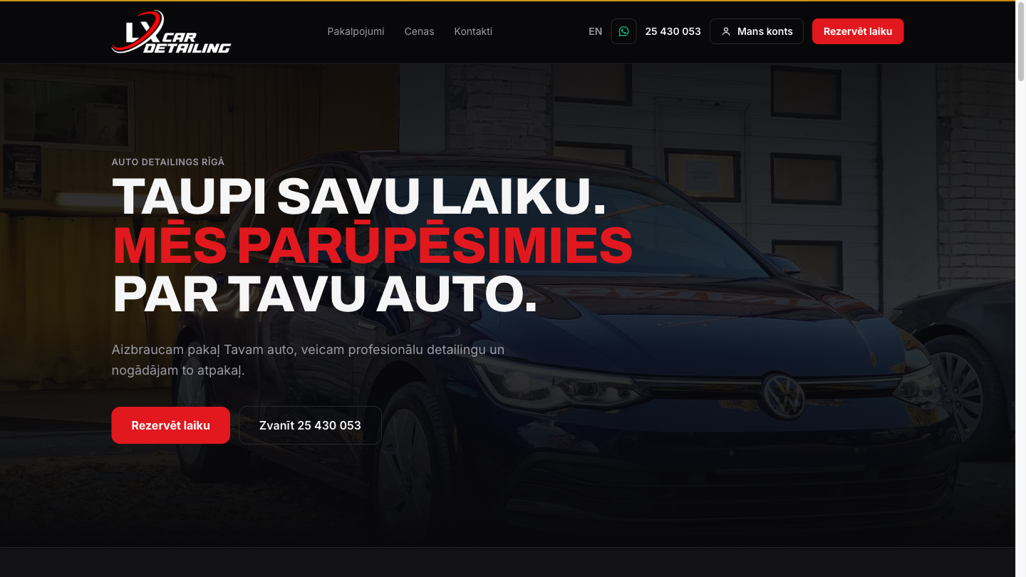 LX Car Detailing mājaslapas sākumlapa