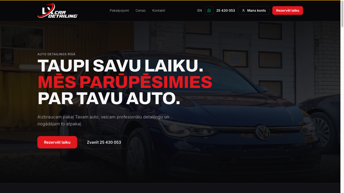 LX Car Detailing mājaslapas sākumlapa