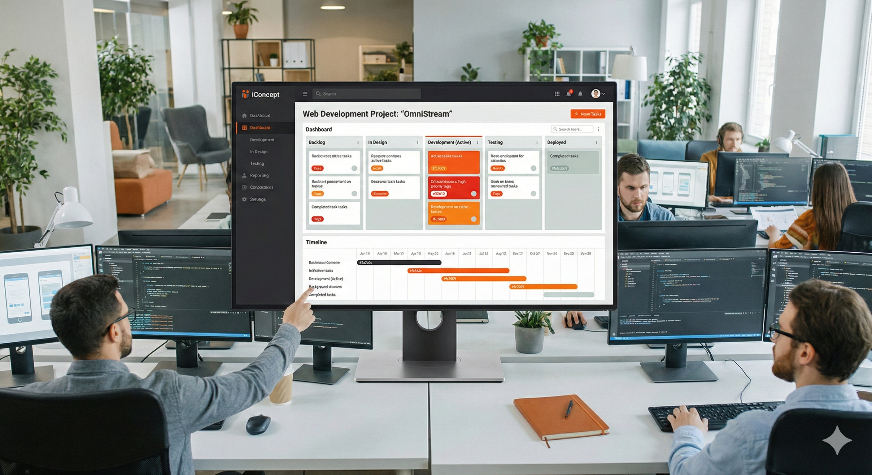 Development team reviewing a project dashboard and system integrations in the office