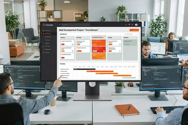 Development team reviewing a project dashboard and system integrations in the office