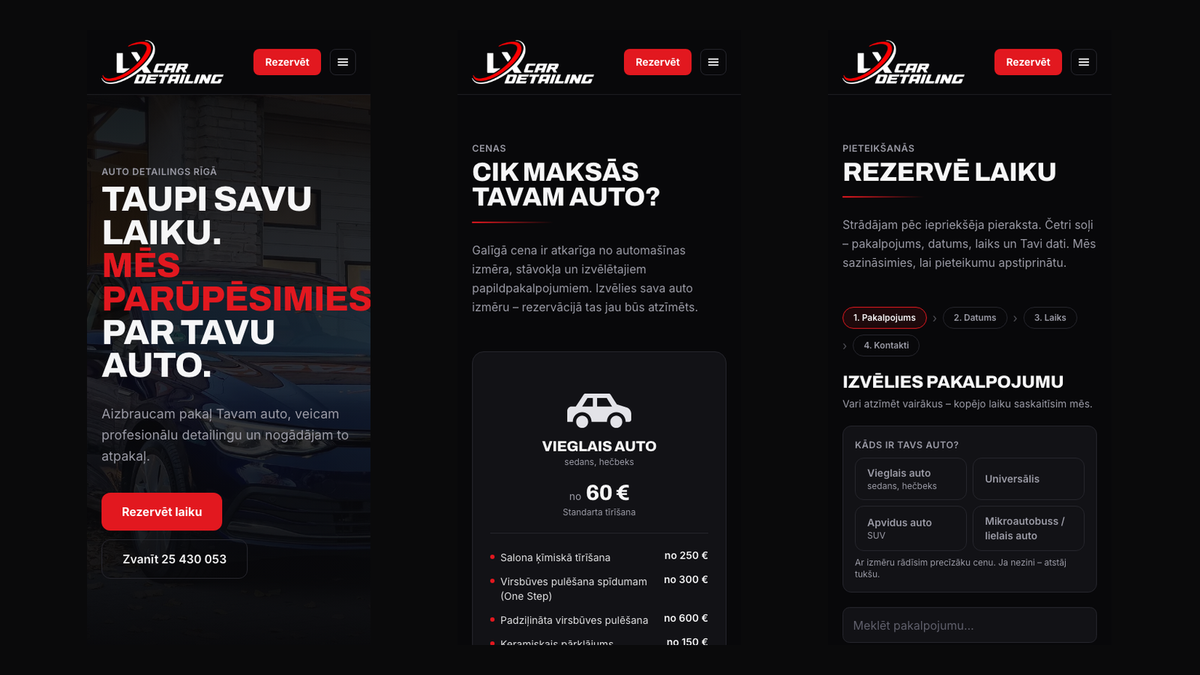 Sākumlapa, cenu lapa un rezervācija telefonā