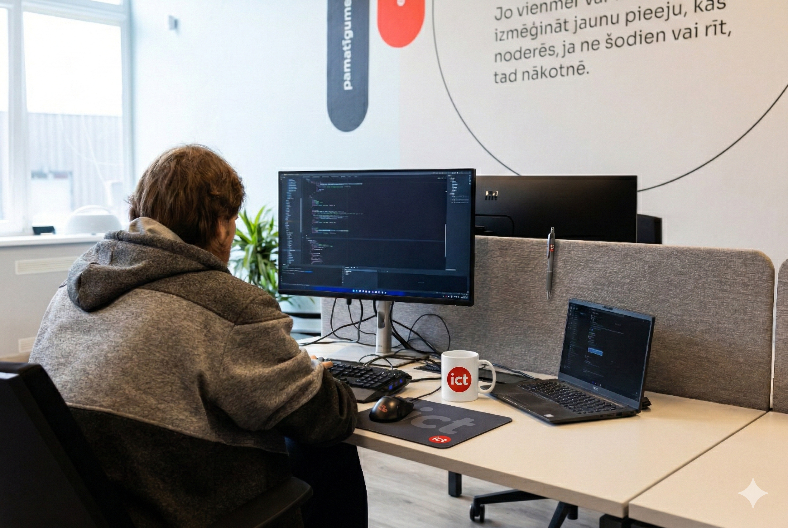 Backend izstrādātājs raksta kodu savā darba vietā iConcept birojā