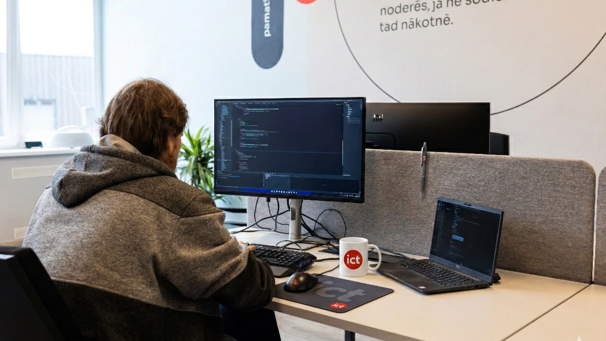 Backend developer writing code at their workstation in the iConcept office