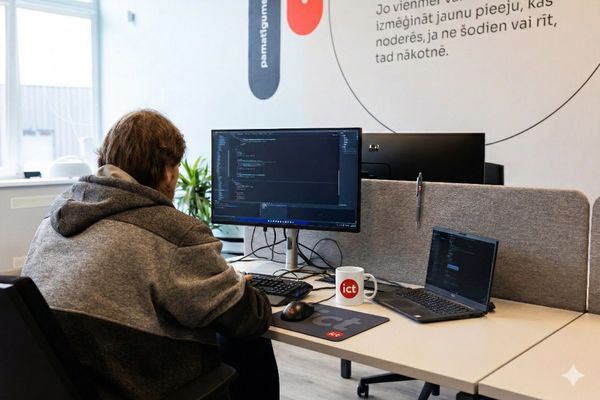 Backend developer writing code at their workstation in the iConcept office