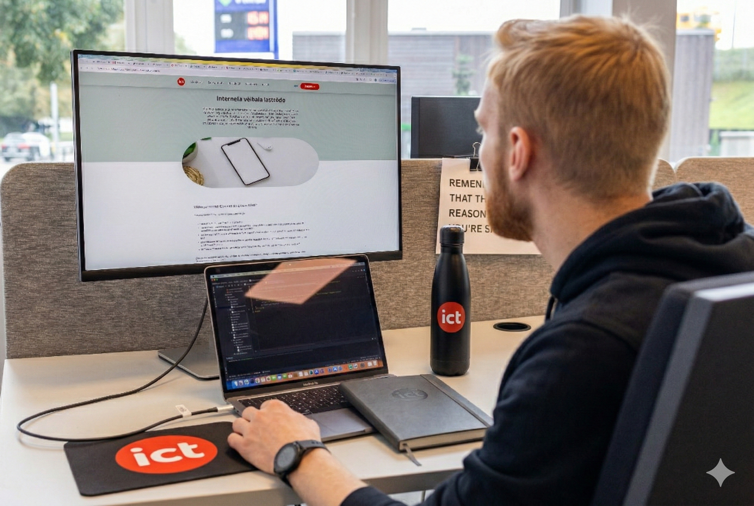 Izstrādātājs veido web aplikāciju ar diviem monitoriem iConcept birojā