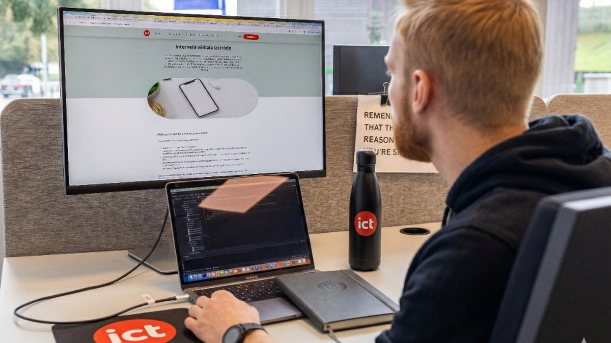 Izstrādātājs veido web aplikāciju ar diviem monitoriem iConcept birojā