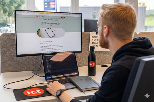 Developer building a web application with dual monitors at the iConcept office