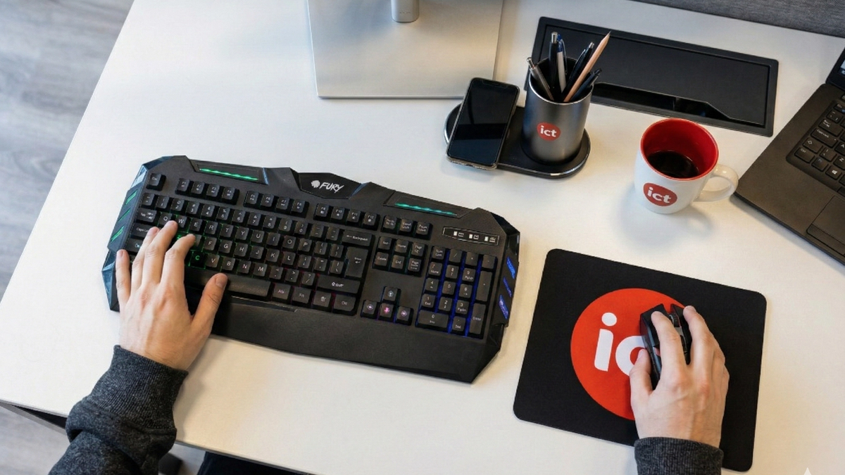 Izstrādātājs strādā pie galda ar tastatūru un peli iConcept birojā