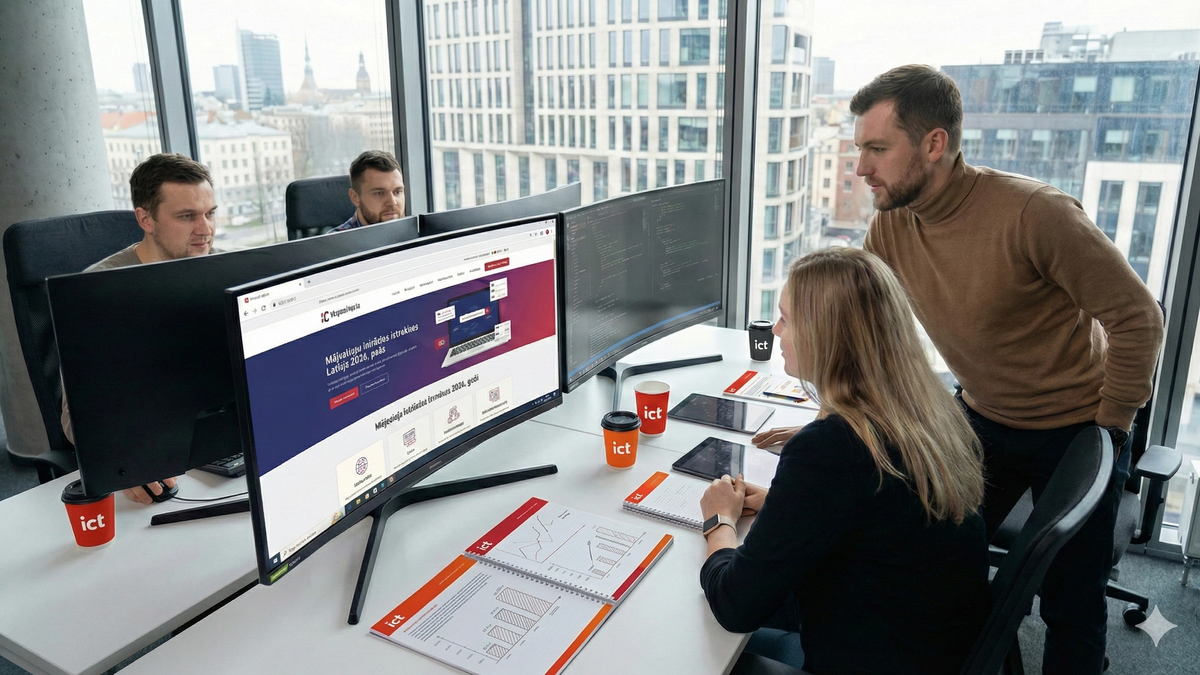 Komanda pārskata web aplikāciju uz liela ekrāna modernā birojā