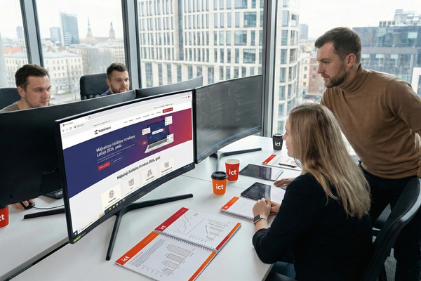 Team reviewing a web application on a large screen in a modern office
