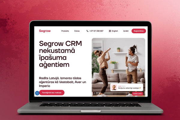 Visualization of the Segrow CRM website for real estate agents on a laptop.